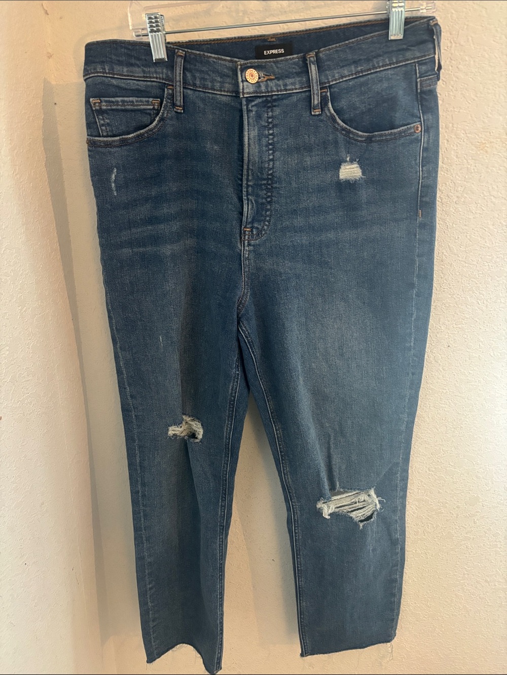 Express Distressed Mom Jeans in Medium Blue Wash
